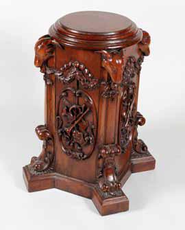 20th Century carved mahogany plinths, circular moulded tops, beautifully carved ram s heads,