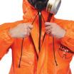 Respirator-fit hood with drawstrings, elasticated wrists and hemmed open ankles. Long zipper extends to chin for complete coverage of neck area.