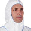 penetration from the outside to the inside of the garment Hooded coverall combining Tyvek with a light SMS nonwoven back panel going from shoulders to ankle.