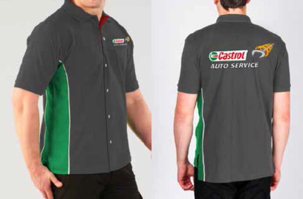 APPAREL AUTO SERVICE WORKSHOP SHIRT Short sleeve grey shirt with green side panelling and white piping. White buttons and red placket.