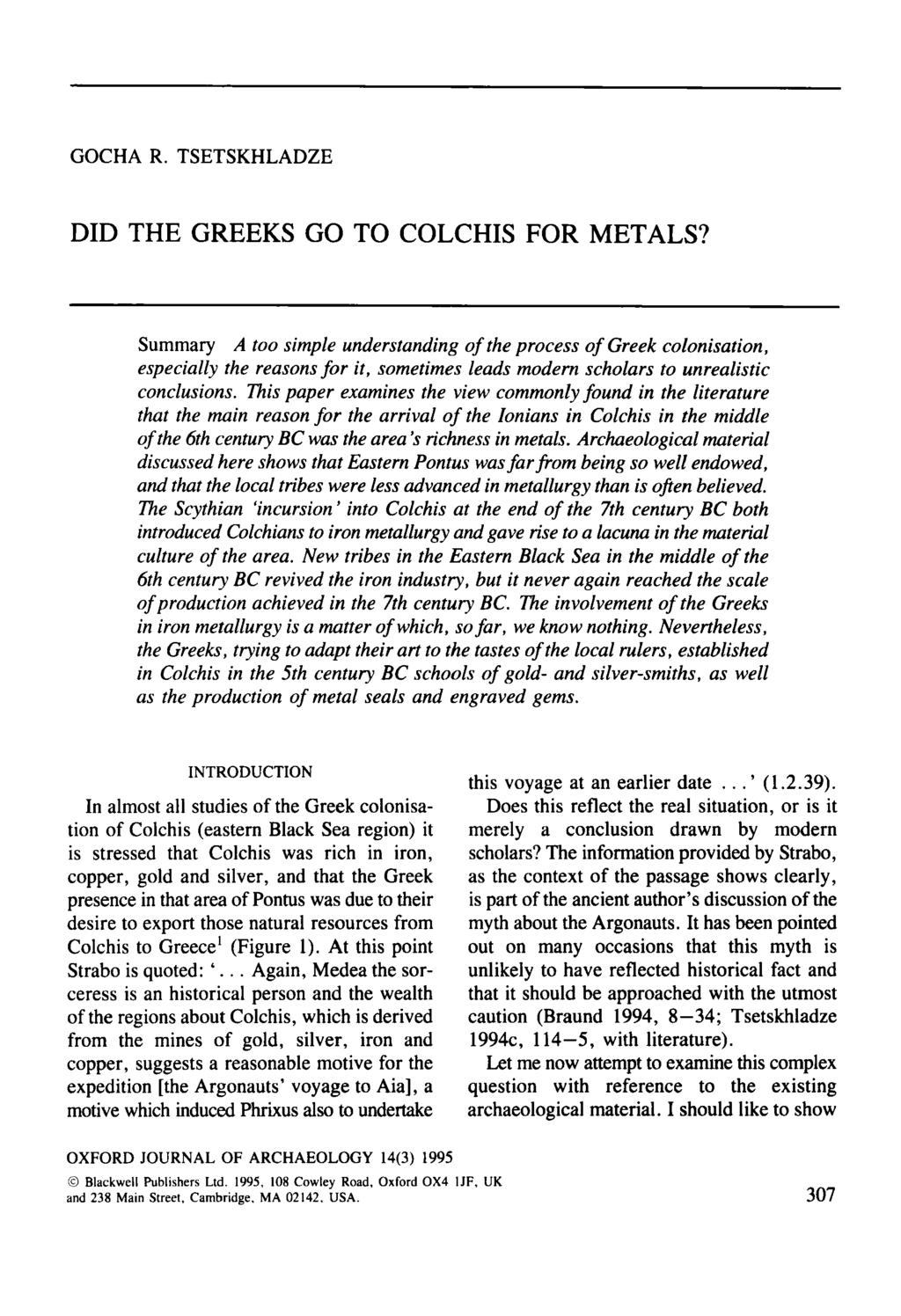 DID THE GREEKS GO TO COLCHIS FOR METALS?