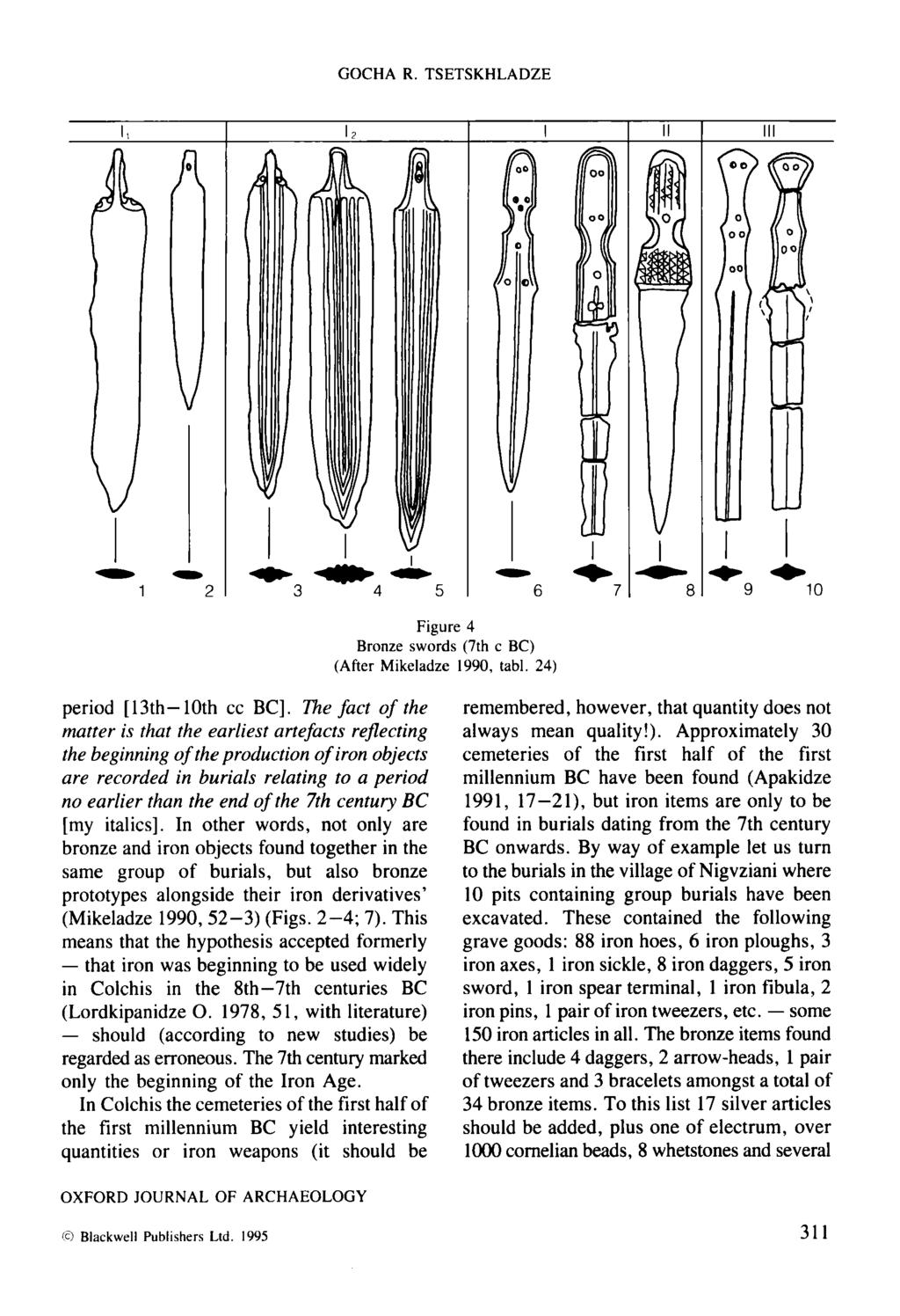 I P Ill 5 I 0 1 0 2-3 Figure 4 Bronze swords (7th c BC) (After Mikeladze 1990, tabl. 24) I - 7 I I 8 9 10 period [13th- 10th cc BC].
