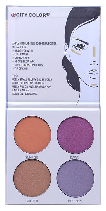 of various highlight shades and apply to the higher points of the face like 24 pieces per displays Glow Pro Dawn Iridescent Highlighting Palette