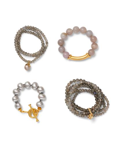 SUBTLE HUES Spring/Summer 9 Flower petal stretch necklace or triple wrap bracelet in labrodorite with soft grey pearl FLOWERSTRETCH- G-LAB Moonstone stretch bracelet with soft 8 karat gold over