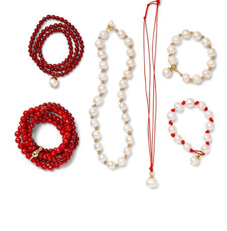 CRIMSON AND PEARL Spring/Summer 9 Flower petal stretch necklace or triple wrap bracelet in dark red facetted coral with white pearl detail FLOWERSTRETCH-G-RED 0mm white freshwater pearl necklace with