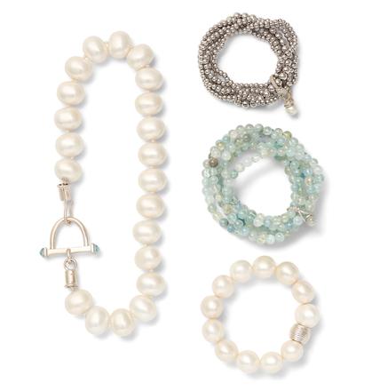 STERLING COLLECTION Spring/Summer 9 Large stirrup and hook pebble pearl necklace with blue topaz details 8 SSPN Silver bead cluster stretch
