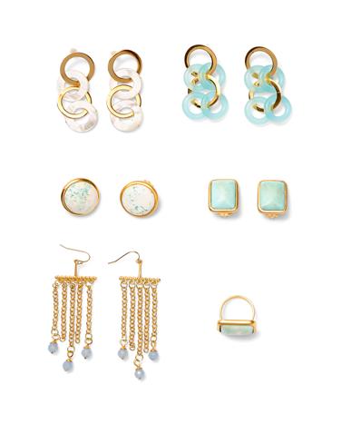 GOLDEN BLUE ACCENTS Spring/Summer 9 6 6 Mother of pearl circle link post earrings MOPE-G Celadon blue agate golden link earrings MOPE-G Round reconstructed blue flecked white turquoise