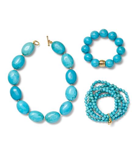 TURQUOISE Spring/Summer 9 Chunky reconstructed turquoise necklace with golden handknotting, toggle and ring 8 TURQ-N-G Reconstructed
