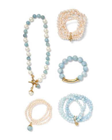 AQUAMARINE Spring/Summer 9 Sweet pea toggle drop necklace in aquamarine and white mother of pearl 8 SWPN-G White freshwater pearl sally cluster bracelet set with golden tie detail SALLY-G-FW