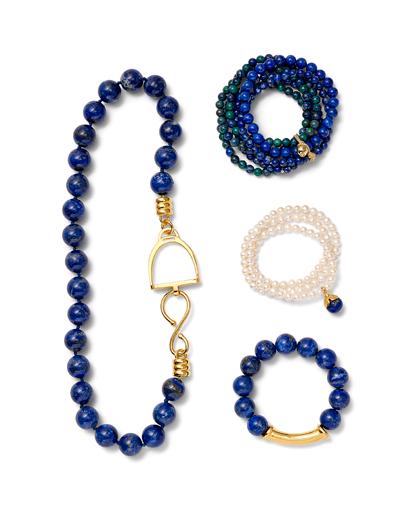 LAPIS BLUES Spring/Summer 9 Stirrup and hook hardware with mm lapis lazuli 0 SHPN-G Sally cluster bracelet set with gold detail in lapis and green turquoise mix SALLY-G-LT Flower petal