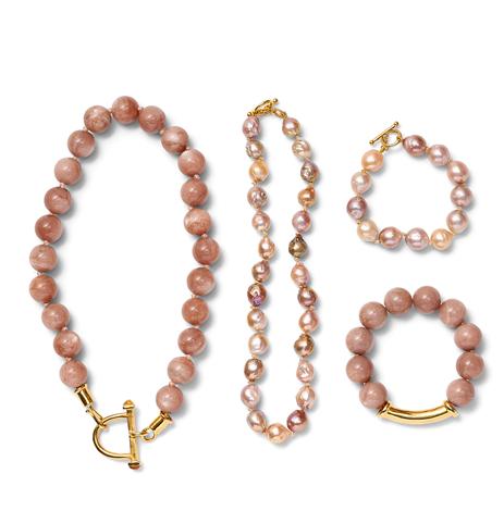 GOLDEN BLUSH Spring/Summer 9 Stirrup and hook necklace is sandstone with citrine details 8 SSPN-G Baroque freshwater pearls in beautiful blush hues with golden hand knotting and toggle and ring 7