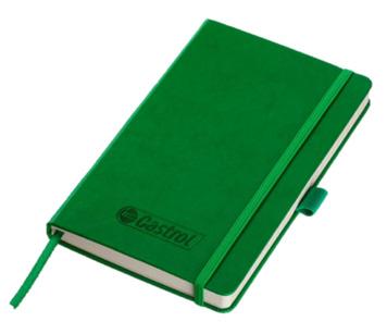 NOTEBOOK A5 Soft green cover notebook, lined cream paper, 120 lined sheets, page marker with pen loop. Each notebook will be embossed with the Castrol logo to the lower centre front cover.