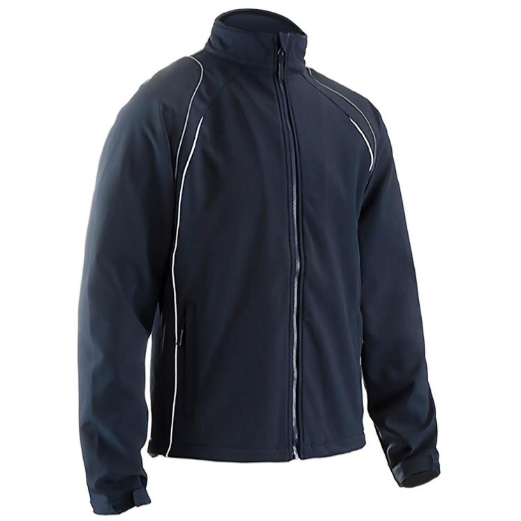 TEAM JACKET Description Full zip soft-shell Colours Black, Navy (with contrast reflective/white piping) Sizes SY - XXXL Fabric 100% polyester 310gsm water repellent 2 layer