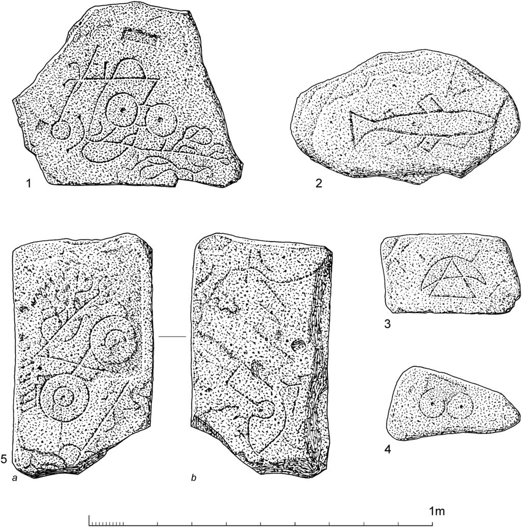 Gordon Noble et al. Figure 5. The ﬁve symbol stones from Dunnicaer. A sixth stone is also recorded but is of uncertain form ( Historic Environment Scotland).