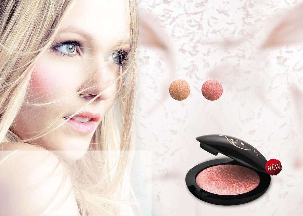 BLOSSOM WITH FRESHNESS BAKED BLUSH Delicious Papaya FM r003 Blooming Rose FM r004 great concentration of microscopic pearl dust particles guarantees incredible shine contains macadamia nut oil which