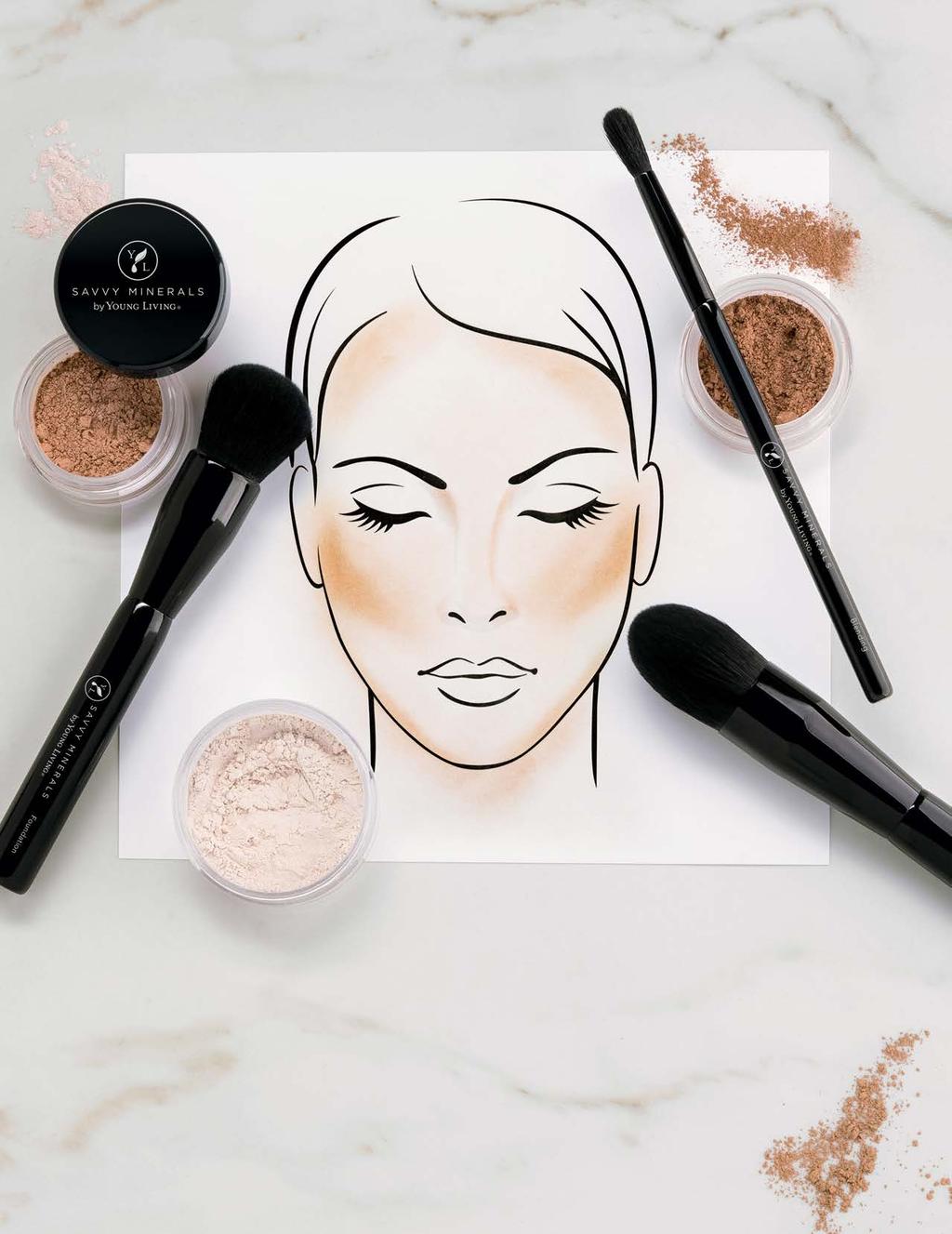 Shape, Creating the perfect contour is simple with the perfect shades and the right tools! DEFINE, GLOW HOW DO I DO IT? Start by creating an even base with Savvy Minerals by Young Living Foundation.