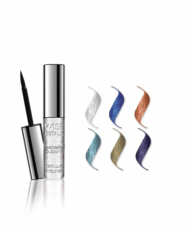 New WISE METALS 32 Lustrous Silver 33 Cobalt Blue 34 Copper Lights 35 Bright Turquoise 36 Dark Olive 37 Glowing Purple METALLIC EYELINER A creamy metallic liquid liner to add subtle shimmer and bring