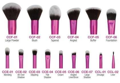 This brush set includes 6 Face brushes and 9 Eye Brushes to complete your kit.