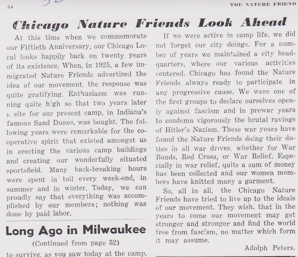 Pictorial History of the Chicago Nature Friends 17 On the following page, an editorial text introduces the Chicago local and in particular praises the