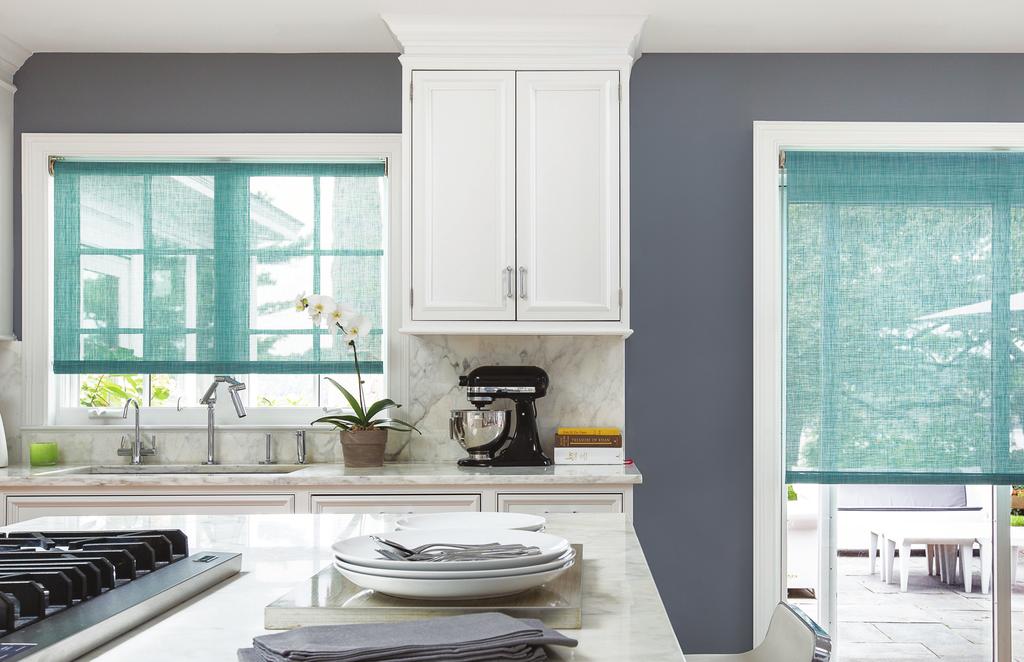 Beloved by architects and interior designers, Chilewich textiles lend themselves to modern window treatments, bringing a pop of color to the kitchen at left and contemporary style to durable floor