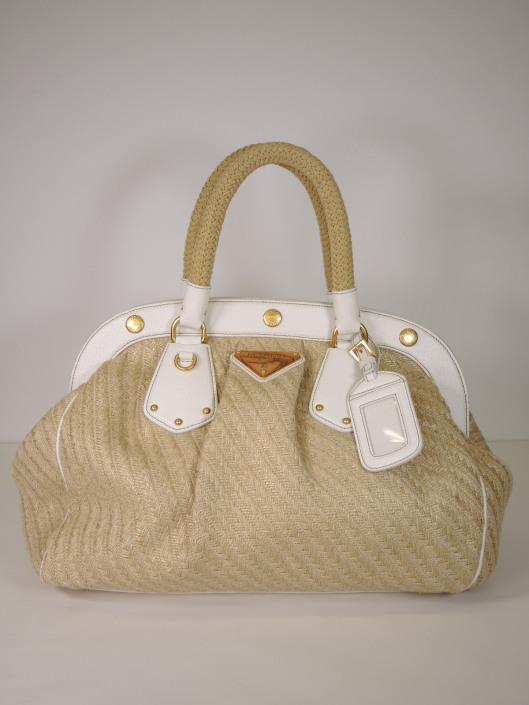 PRADA Natural Woven Hemp Satchel with White Leather Trim Retailed for $1700, sold in one day for $599.