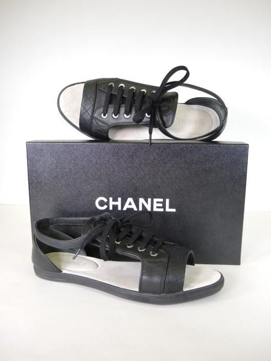 CHANEL Black Quilted Leather Tennis Sneaker Sandal, Size 9.5 Retailed for $650, sold in one day for $299. 05/05/18 Two shoes in one, these sneaker sandals are as cool as they are comfortable.