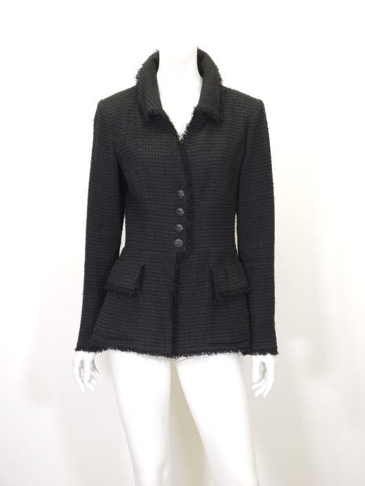 CHANEL Black with Charcoal Grey Nylon/Cotton Tweed Jacket, Size M Sold in one day for $799.
