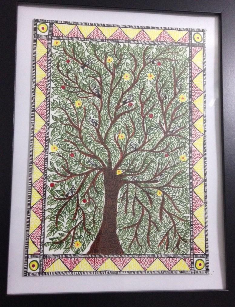 Prize number 12 The painting that I am donating is known as " Madhubani" literal meaning "forest full of honey" and is a very old Hindu village art. The painting is 10"/14" and will be framed.
