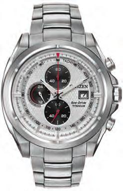00 CA0550-087A CA0550-087A Gents Citizen Eco-Drive round titanium case and bracelet, metallic silver dial with red accents, sapphire crystal, 1/5th second