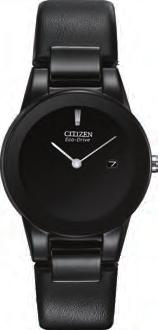 ion-plated stainless steel case and black leather strap, black dial with date, water resistant.