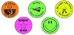 Designs available as Stickers, Badges and Clip-Ons Stickers Reflexite Reflective 50mm Circular Stickers, black print, 16 stickers per sheet Smiley Face Be Bright Be Seen Be Safe Be Seen Be Happy