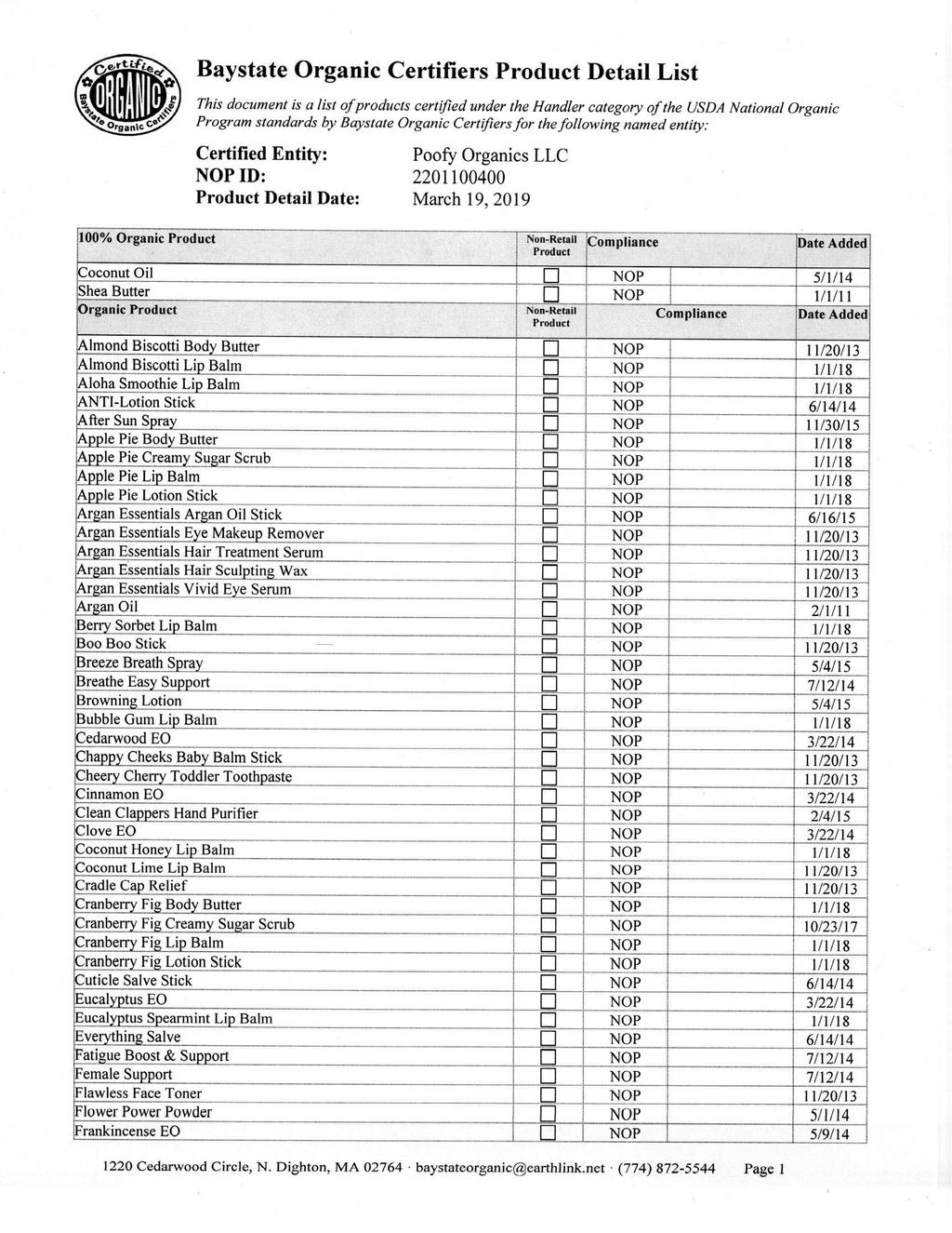 y This document is a list ofproducts certified under the Handler category of the USDA National Organic ' Program standards by Baystate Organic Certifiers for the following named entity: 100% Organic