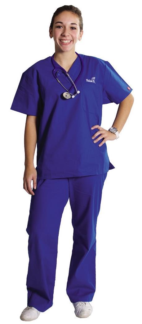 Class B: Healthcare Attire For both Men and Women: Official blue scrubs (fitted including hemming and wrinkle-free); only plain white collarless tees underneath; white socks or skin-tone seamless
