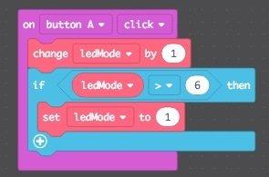 Since our modes are numbered 0-4, then as soon as the ledmode counts to 5 (or anything greater than 4) it will reset back