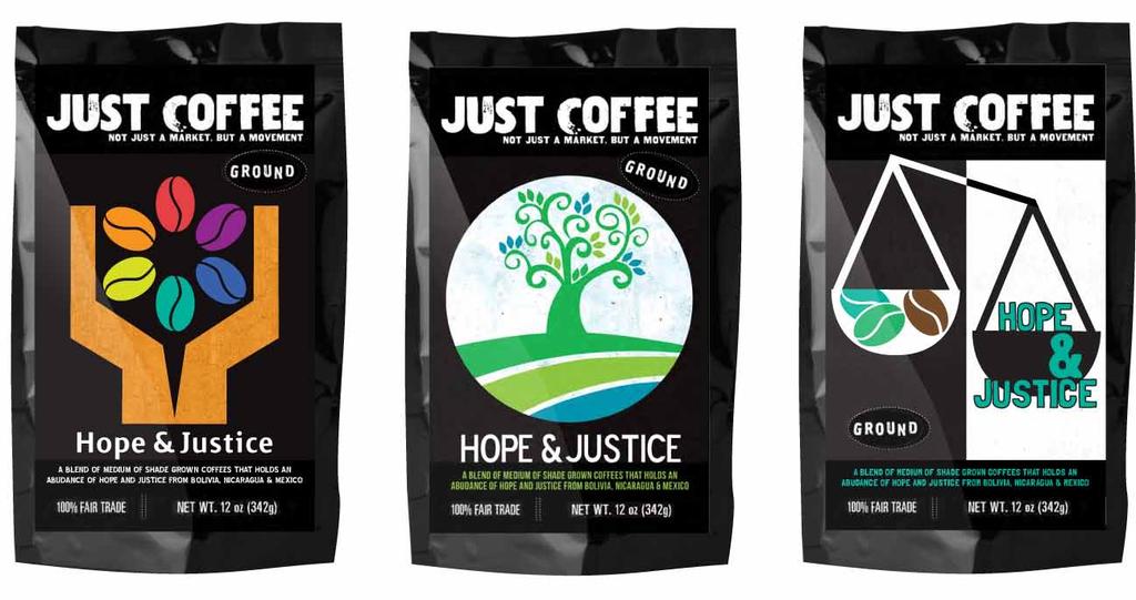 PACKAGING COLLECTION: To design three unique, fair trade coffee labels for the Hope & Justice brand with catalog appeal in bold, bright colors that illustrate a strong graphic message.