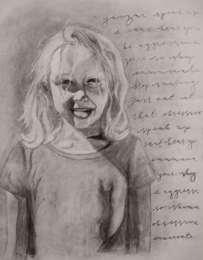 Description: We were told to create a visual autobiography in charcoal. The piece was supposed to say something about who I am as an individual. I drew myself as a little girl.
