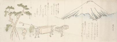 1803-1840 Actors passing Mount Fuji between the Yoshiwara and Hara stations on the Tokaido (Yakusha dochu yoshiwara hara fuji enbo), 1820s Gift of Roger S. Keyes and Elizabeth Coombs 1997.90.