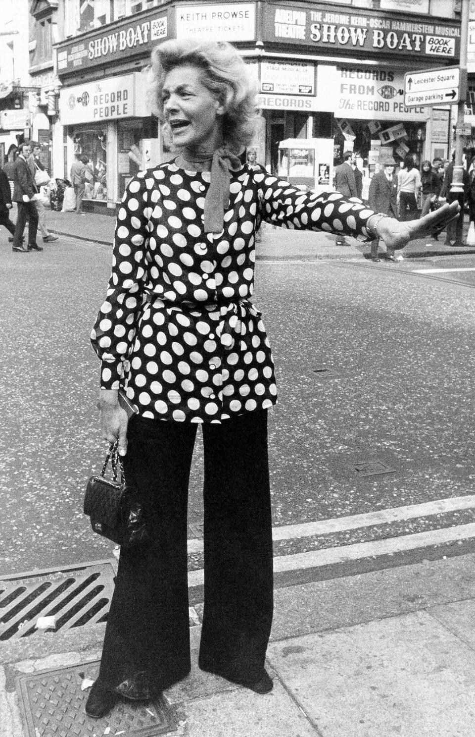 7. Lauren Bacall: Princess of Prints Ready in a polka dot tunic to stop the Leicester Square traffic in London Oct.
