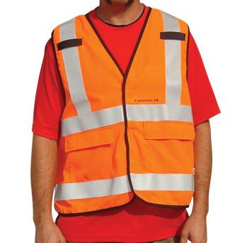 Polycotton Safety Vests 99Fluorescent lime-yellow poly/cotton twill 99Two radio loops 99Two lower pockets with flaps 99Made in