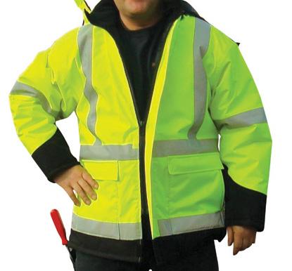 Winter Parkas 99Winter Parkas 99Fluorescent lime-yellow polyurethane coated polyester outer shell 99Black trim on cuffs of arms and legs as well as lower hem of jacket for added protection from wear