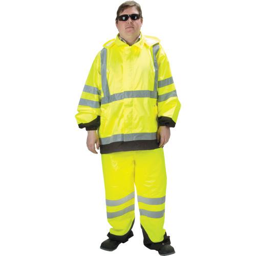 Trooper Rain Suits 99Fluorescent lime-yellow polyurethane coated polyester stretch fabric 99Tear, chemical, abrasion, and puncture-resistant 99Stretchy, breathable, washable, windproof and waterproof