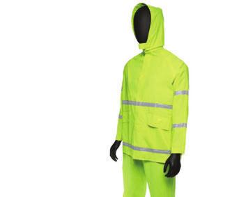 RAINWEAR 48 Safety Yellow Rain Suit - Jacket: 2 front pockets; pocket inside storm flap on chest; Vented cape back for breathability; Drawstring on bottom of jacket helps keep out wet conditions -