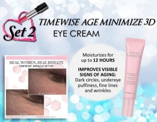 Apply Eye Cream around ONE eye. The fourth product in the Miracle Set 3D is the TimeWise Age Minimize 3D Eye Cream.