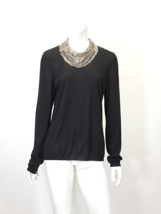 CHANEL Black Cashmere Tissue-Weight Sweater with Silver Chain Maille Collar, Size 8 Sold in one day for $349.