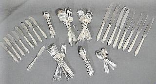 $1,250 - $1,750 Northumbria sterling silver flatware service "Laurier" patt., approx.53 pieces. Lot of silver trays. Set of six cased hallmarked silver coffee spoons with bean handles.