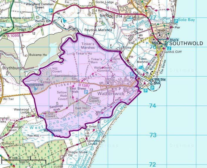 Figure 2: The extent of the parish of Walberswick highlighted. Crown Copyright/database right 2017.