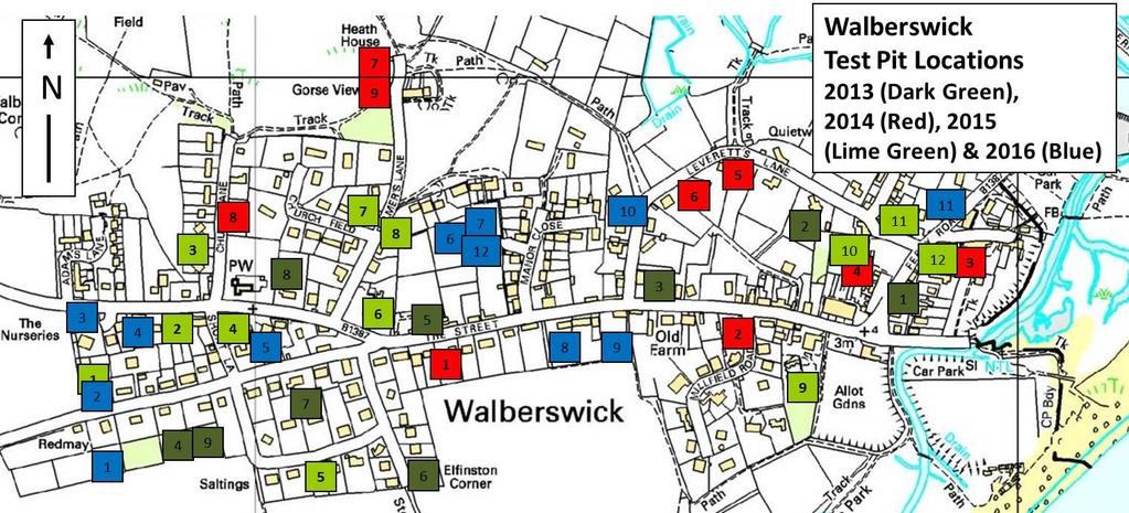 Figure 7: The four years of test pitting in Walberswick (NB test pits not to