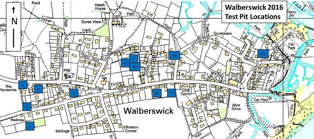 7.4 2016 Excavations Twelve archaeological test pits were excavated in Walberswick in 2016 on the 27 th 28 th April by 44 HEFA participants from Sir John Leman High School, Ormiston Denes Academy and