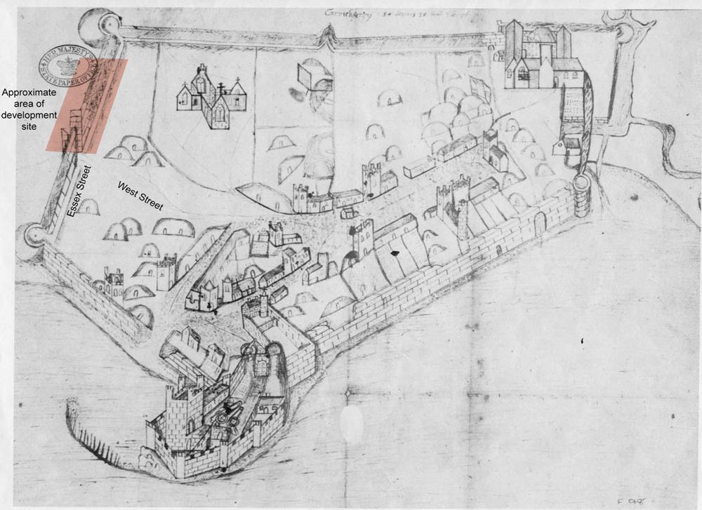 Figure 5. The circa 1596 map of Carrickfergus showing the Tudor-period town ditch that was uncovered within the development site (from Robinson 1986, Map 6).