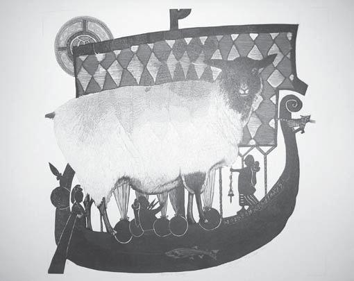 Gotland Sheep linocut by Barbara Robertson. Original image about 39cm wide.
